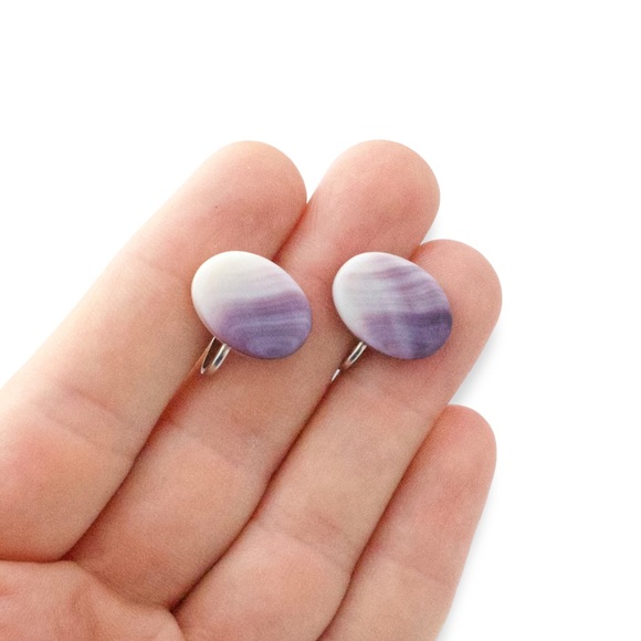 Vintage Purple Banded Agate Earrings Screw Back Clip On Silver Tone - Picture 4 of 4